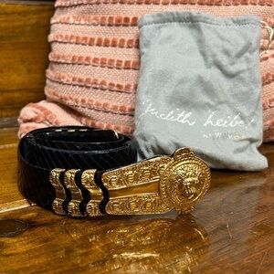 Vintage Judith Leiber Navy Blue Snakeskin & Gold Lion Head Belt- OS